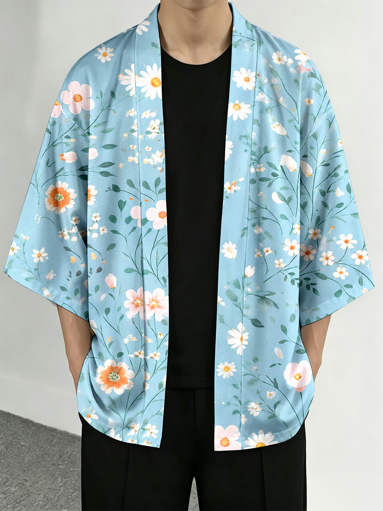 Street Fashion Kimono - Men's casual top Floral Blue Casual