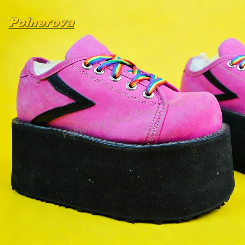 Street Fashion Y2K - Hot Pink Rainbow Laces Platform Pumps