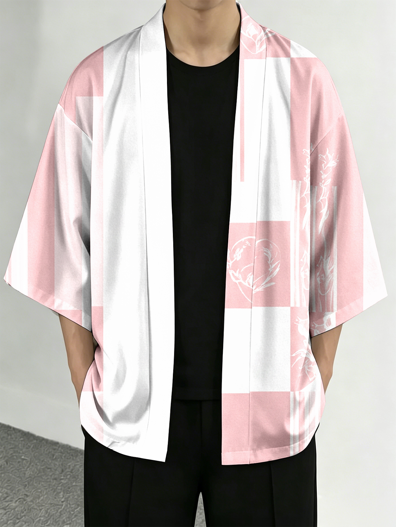 Street Fashion Kimono - Men's casual top Pink and White