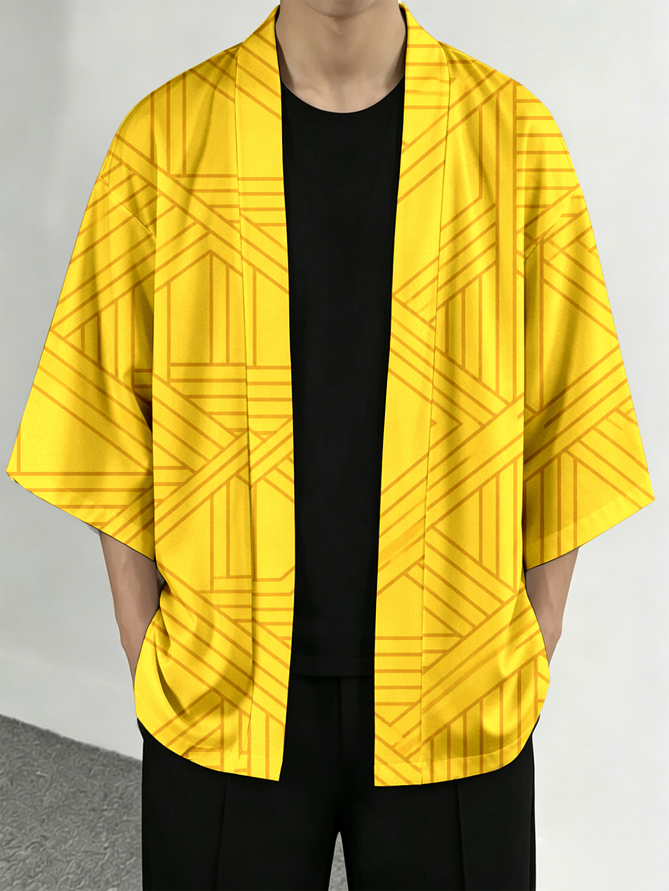 Street Fashion Kimono - Men's casual top Geometric Yellow Line